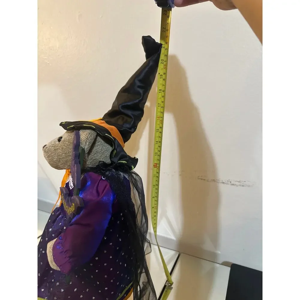 Vint plush teddy bear dressed in purple &black Halloween witch w/web &spider New
